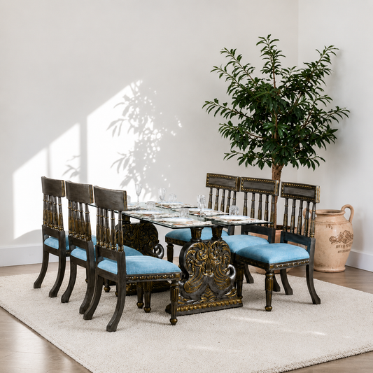 Luxury Vintage Dining Table Set with Blue Upholstered Chairs