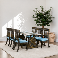 Luxury Vintage Dining Table Set with Blue Upholstered Chairs